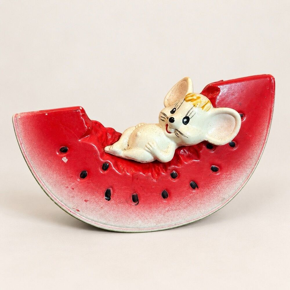 Vintage Kitsch Mouse on Red Watermelon Slice Plastic Coin Bank Made in Hong Kong